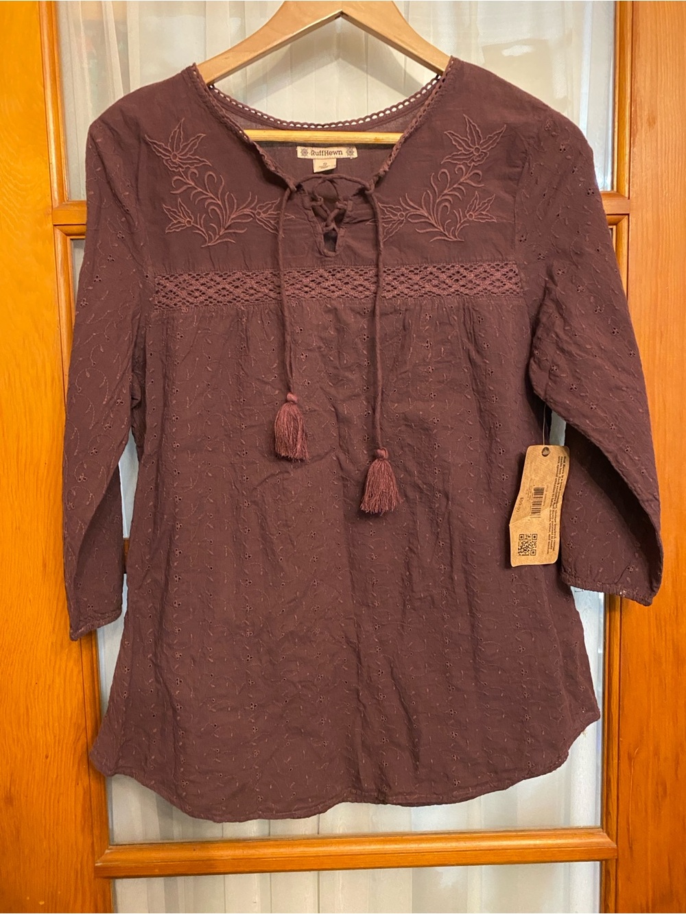Rough Hewn - Rust Brown Embroidered Peasant Top with Tassel Tie NWT Size S